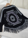 Fringe Geometric Long Sleeve Poncho - Trendsi