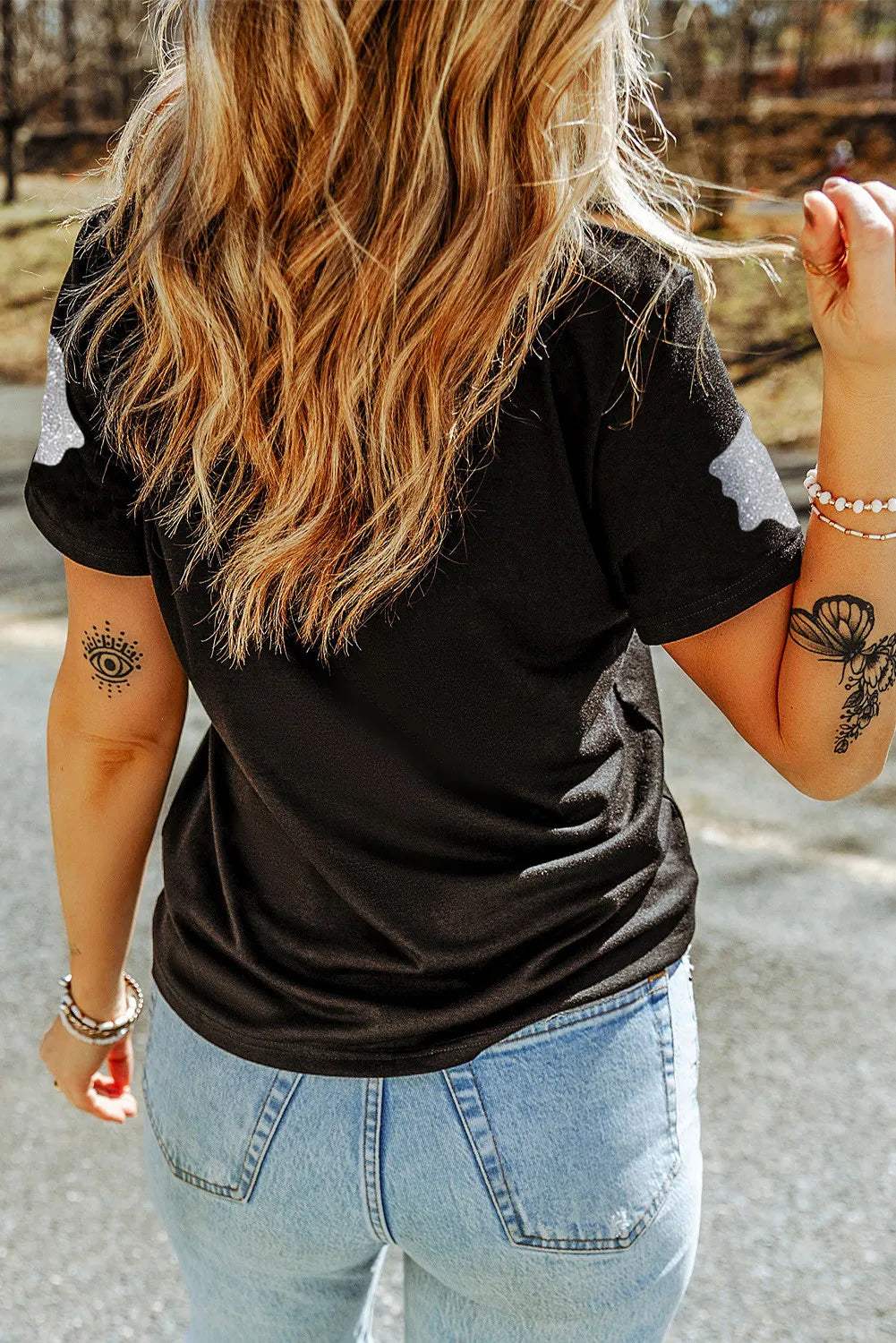 Glitter Ghost Round Neck Short Sleeve T-Shirt - Trendsi - Flyclothing LLC