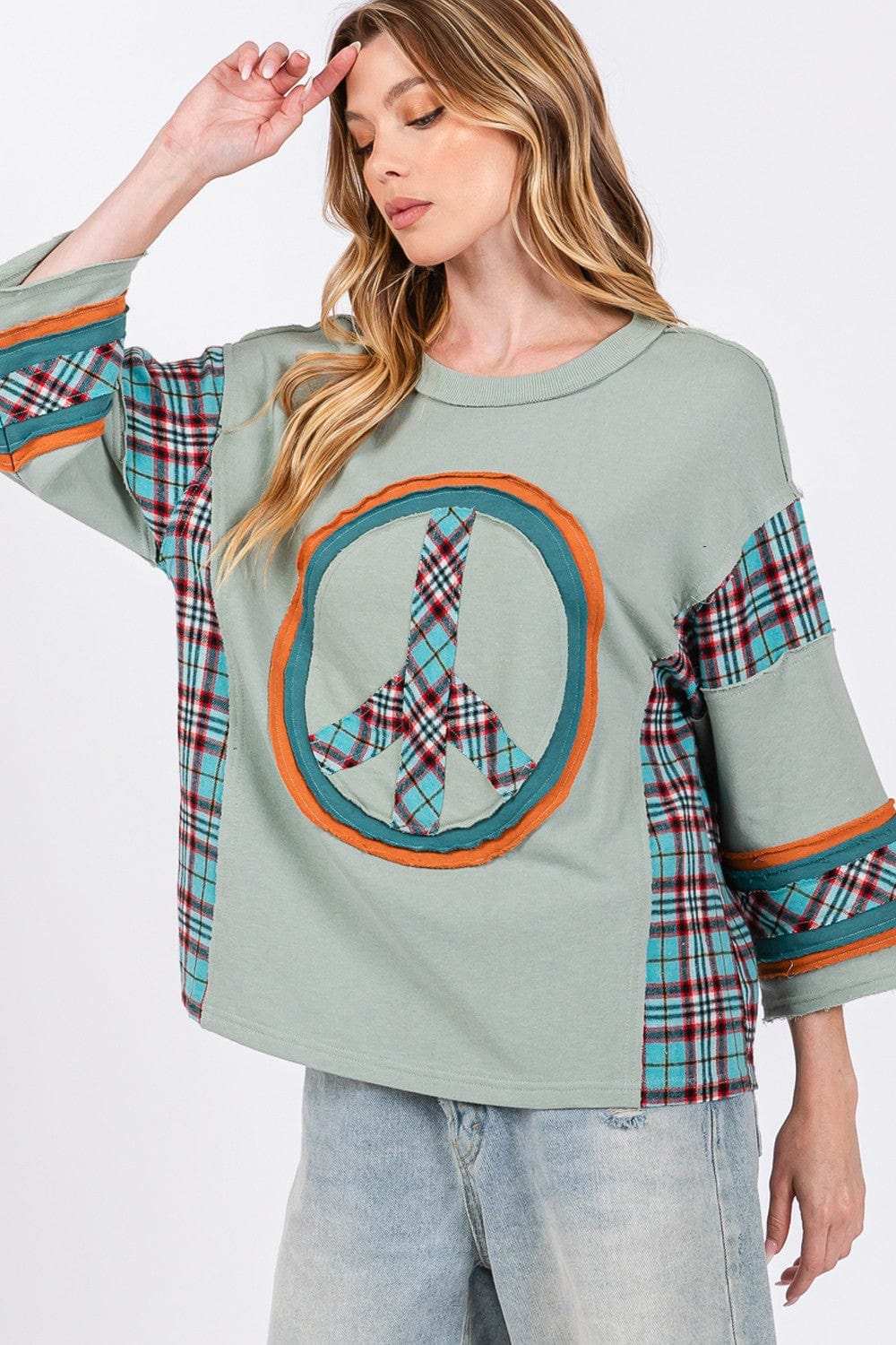 SAGE + FIG Peace Applique Patch Contrast Plaid Top - Trendsi - Flyclothing LLC