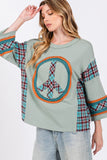 SAGE + FIG Peace Applique Patch Contrast Plaid Top - Trendsi