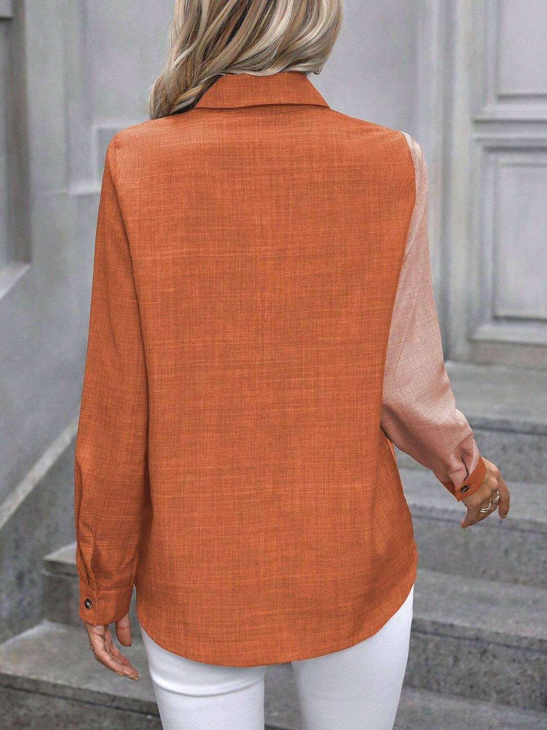 Contrast Collared Neck Long Sleeve Shirt - Trendsi - Flyclothing LLC