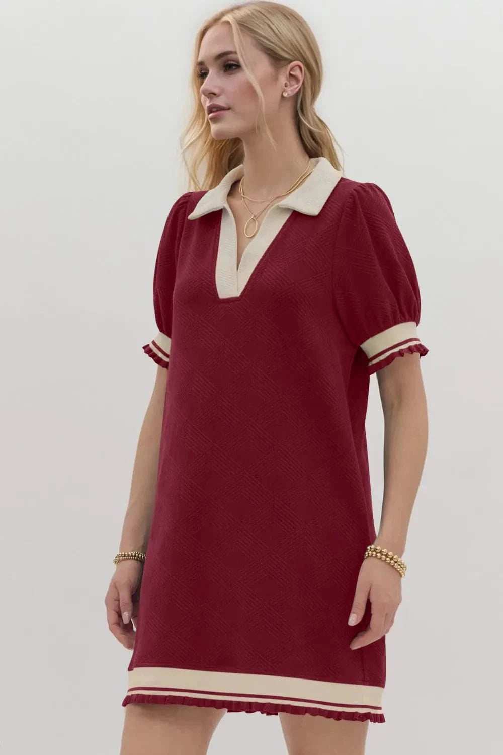 Oh Frill Contrast Trim Johnny Collar Short Sleeve Mini Dress - Trendsi - Flyclothing LLC