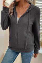 Drawstring Zip Up Long Sleeve Hooded Jacket - Trendsi - Flyclothing LLC