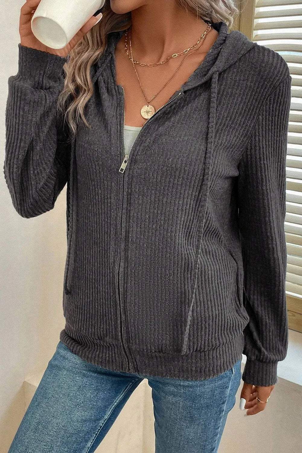 Drawstring Zip Up Long Sleeve Hooded Jacket - Trendsi - Flyclothing LLC