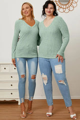 Basic Bae Full Size Ribbed V-Neck Long Sleeve T-Shirt - ShopBasicbae - Flyclothing LLC