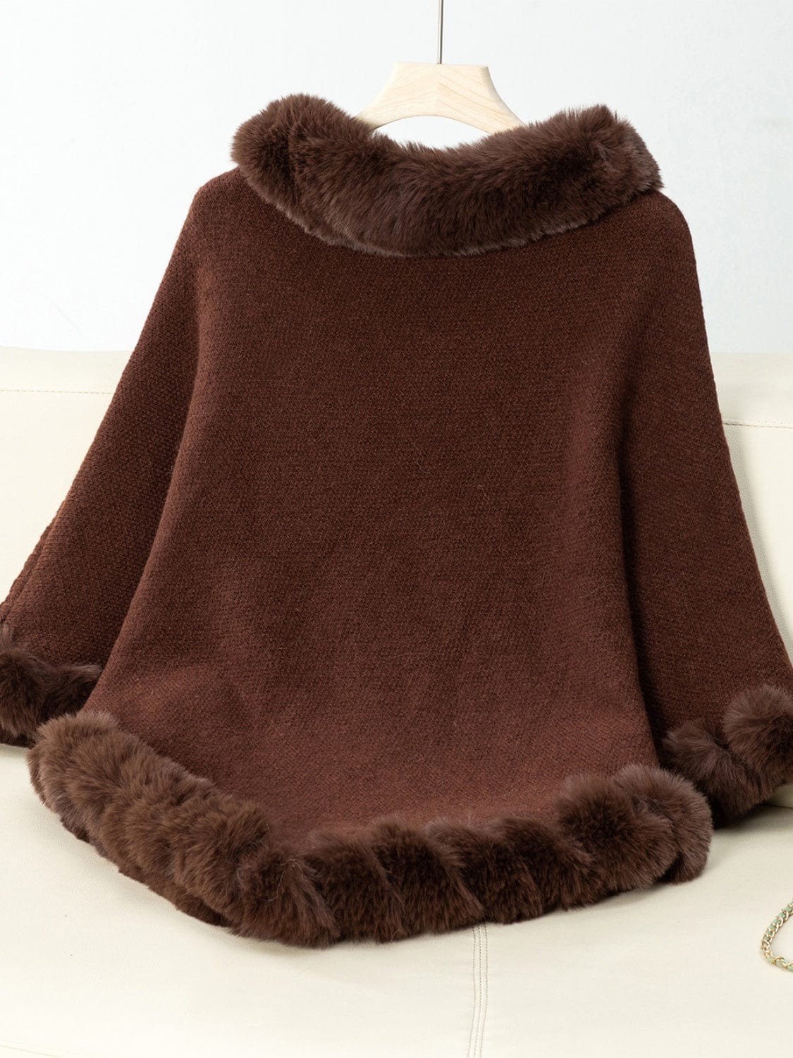 Fuzzy Trim Texture Three-Quarter Sleeve Poncho - Trendsi