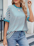 Striped Round Neck Half Sleeve T-Shirt - Trendsi - Flyclothing LLC