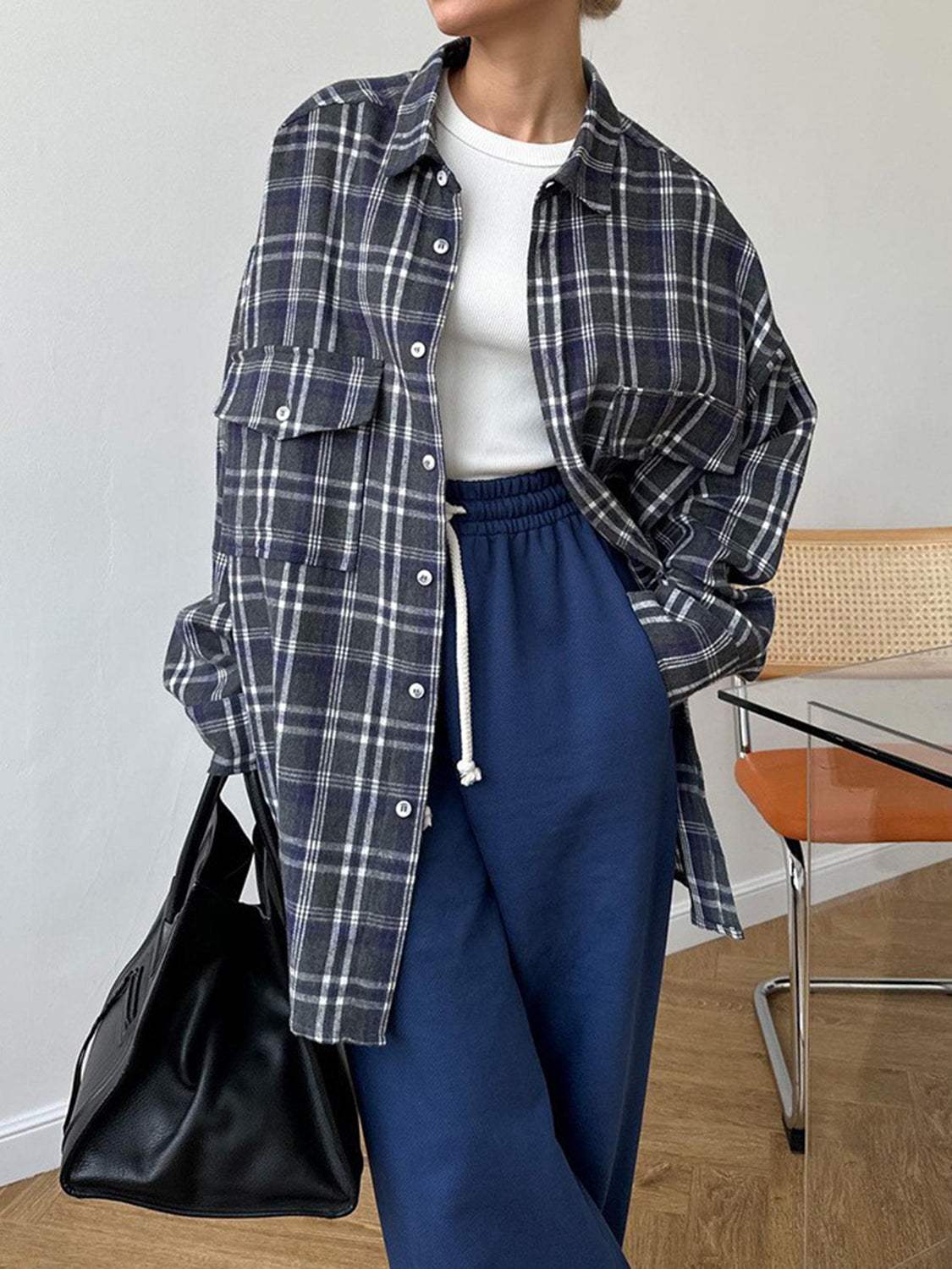 Pocketed Plaid Button Up Shacket - Trendsi - Flyclothing LLC