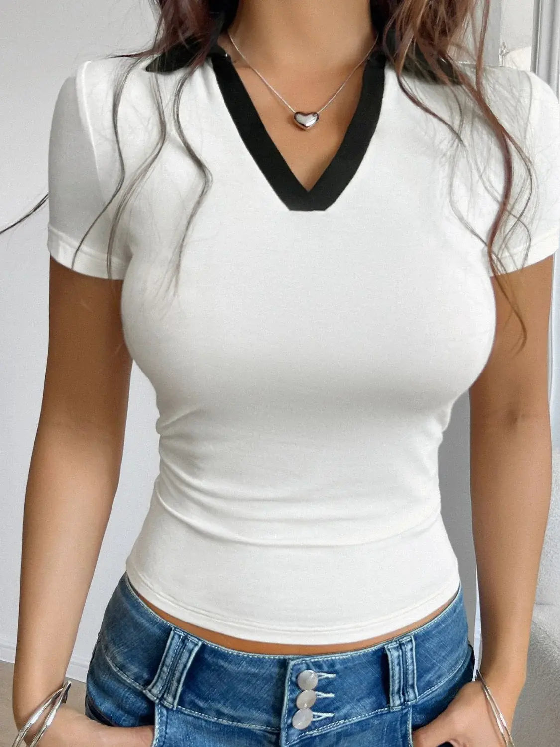 Devine Contrast Trim Johnny Collar Short Sleeve T-Shirt - Trendsi - Flyclothing LLC