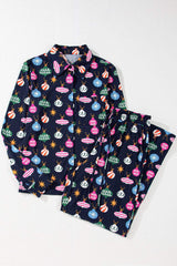 Christmas Lights Print Collared Neck Top and Pants Set - Trendsi - Flyclothing LLC