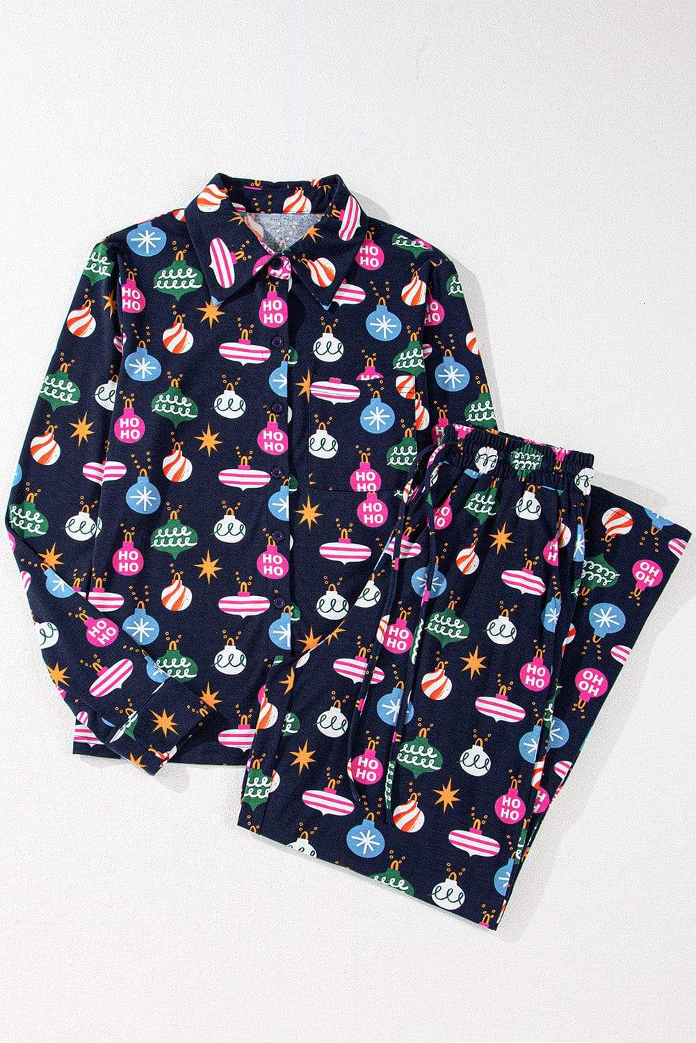 Christmas Lights Print Collared Neck Top and Pants Set - Trendsi - Flyclothing LLC