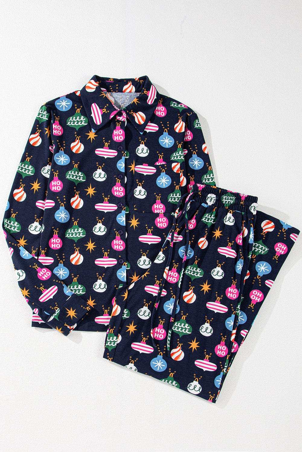 Christmas Lights Print Collared Neck Top and Pants Set - Trendsi - Flyclothing LLC