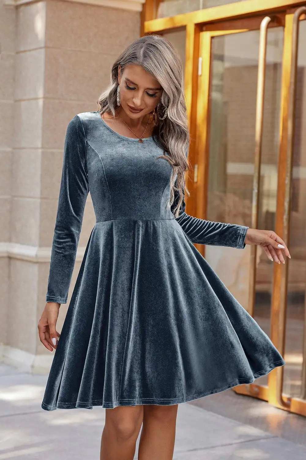 Round Neck Long Sleeve Knee Length Dress - Trendsi - Flyclothing LLC