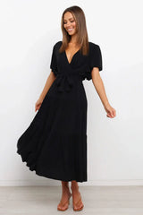 Front Tie Short Sleeve Tiered Midi Dress - Trendsi - Flyclothing LLC
