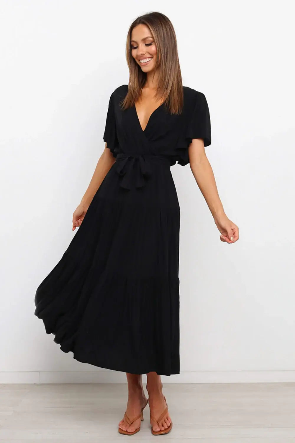 Front Tie Short Sleeve Tiered Midi Dress - Trendsi - Flyclothing LLC