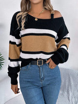 Color Block Asymmetrical Neck Long Sleeve Sweater - Trendsi - Flyclothing LLC