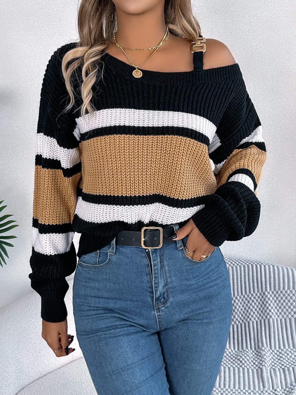 Color Block Asymmetrical Neck Long Sleeve Sweater - Trendsi - Flyclothing LLC