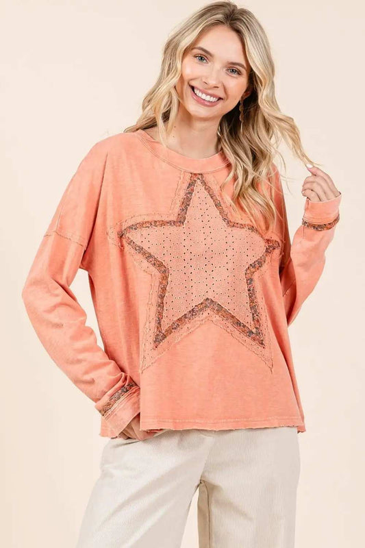Mittoshop Mineral Wash Star Patch Long Sleeve T-Shirt - Trendsi - Flyclothing LLC