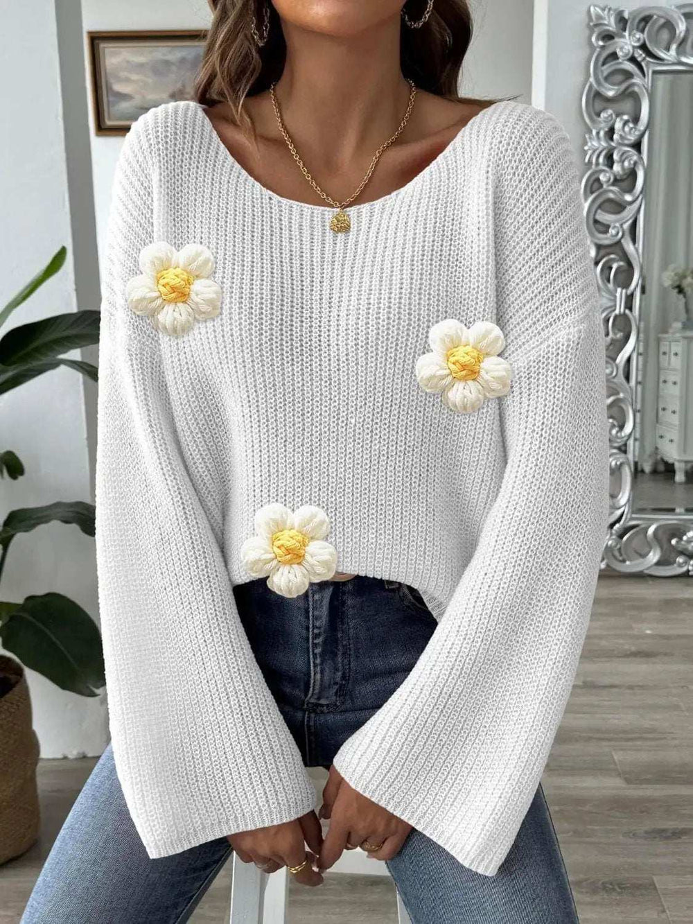 Flower Round Neck Long Sleeve Sweater - Trendsi - Flyclothing LLC