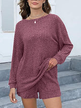 Round Neck Dropped Shoulder Top and Shorts Set - Trendsi - Flyclothing LLC