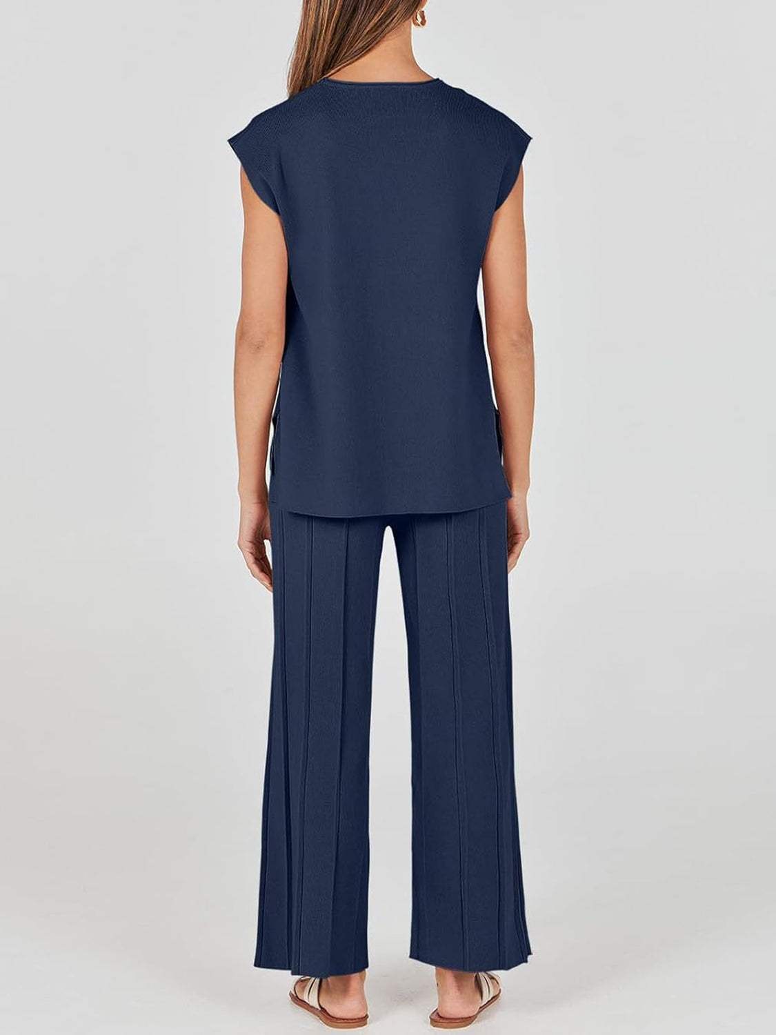 Round Neck Cap Sleeve Top and Pants Knit Set - Trendsi - Flyclothing LLC
