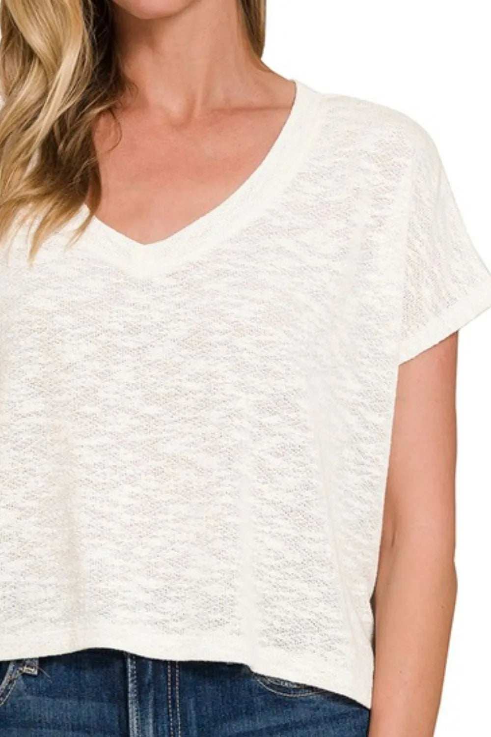 Zenana Hacci Slub V-neck Drop Shoulder Crop Top - Trendsi - Flyclothing LLC