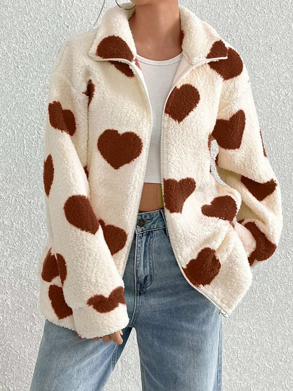 Heart Zip Up Drop Shoulder Furry Jacket - Trendsi - Flyclothing LLC
