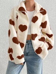 Heart Zip Up Drop Shoulder Furry Jacket - Trendsi