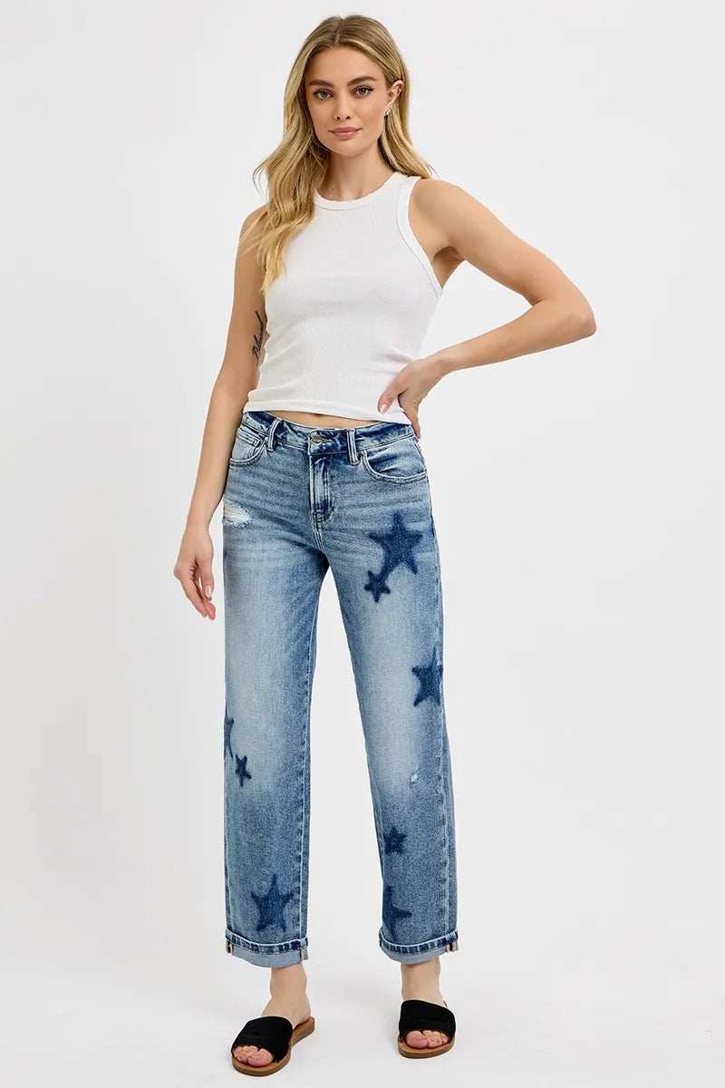 RISEN Full Size Mid Rise Boyfriend Star Shadow Detail Cuffed Jeans Plus Size - Trendsi - Flyclothing LLC