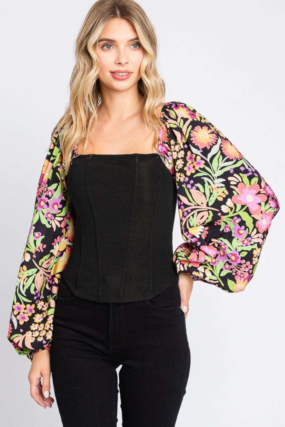 ODDI Full Size Floral Balloon Sleeve Blouse - Trendsi - Flyclothing LLC