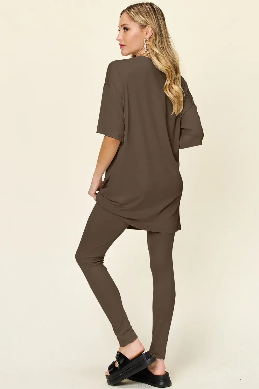 Double Take Full Size Round Neck Dropped Shoulder T-Shirt and Leggings Set - Trendsi - Flyclothing LLC