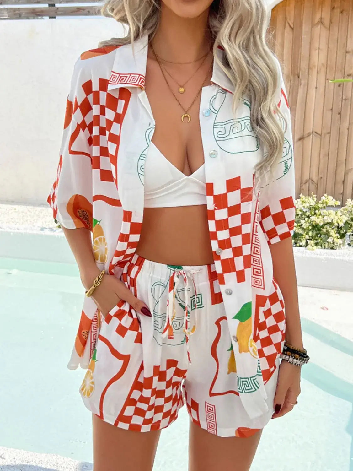 Devine Printed Collared Neck Half Sleeve Top and Shorts Set - Trendsi - Flyclothing LLC
