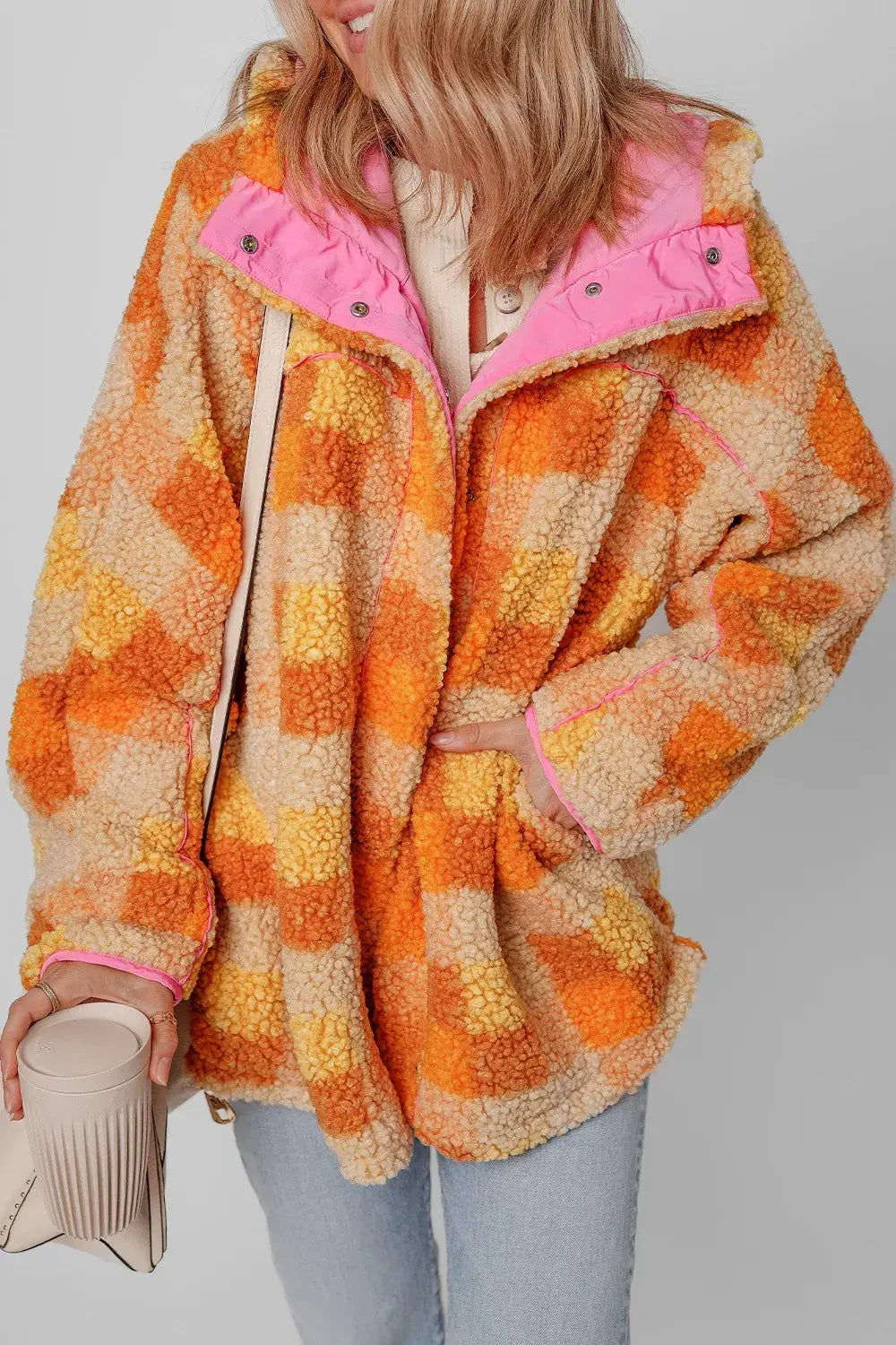 Checkered Long Sleeve Sherpa Hooded Jacket - Trendsi - Flyclothing LLC