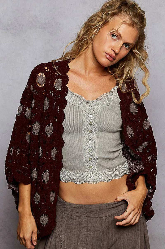 POL Openwork V-Neck Chenille Cardigan with Contrast Floral - Trendsi - Flyclothing LLC