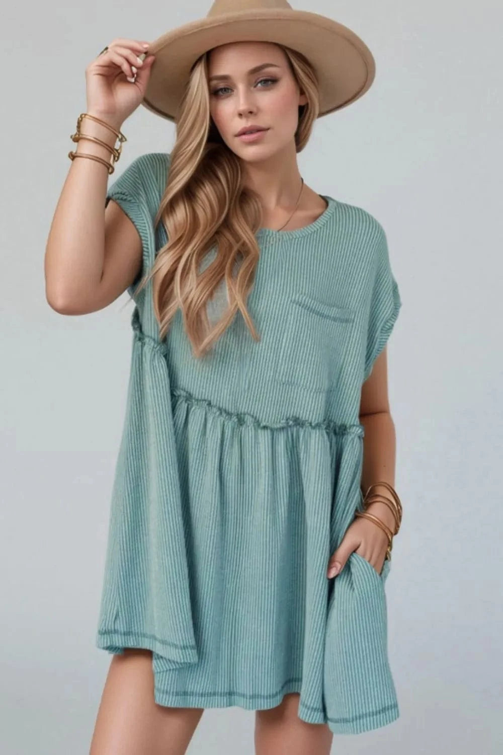 Frill Round Neck Cap Sleeve Mini Dress - Trendsi