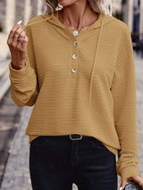 Drawstring Quarter Button Long Sleeve Hoodie - Trendsi - Flyclothing LLC