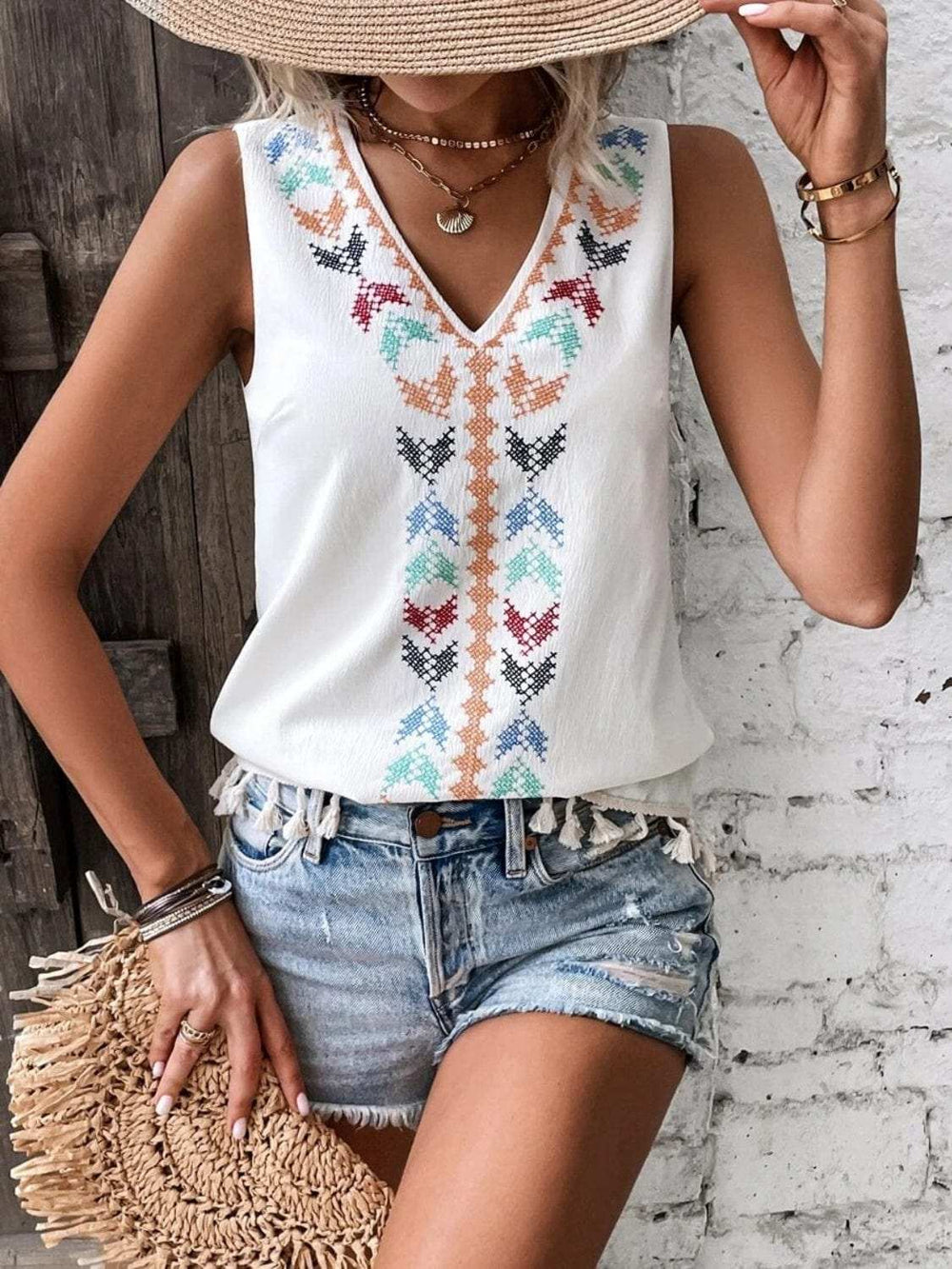 Tassel Printed V-Neck Tank - Trendsi - Flyclothing LLC