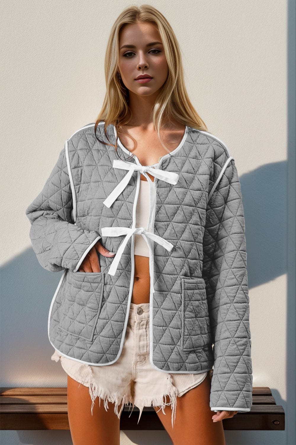 Double Take Contrast Trim Tie Front Quilted Jacket with Pockets - Trendsi