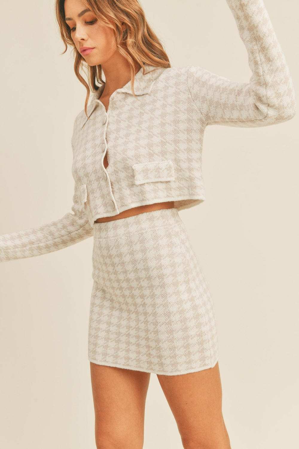 MABLE Houndstooth Cropped Knit Cardigan and Mini Skirt Set - Trendsi - Flyclothing LLC