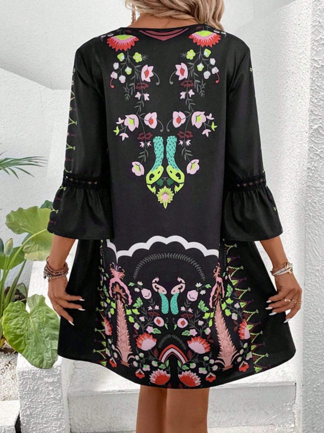 Lace Detail Printed Three-Quarter Sleeve Dress - Trendsi - Flyclothing LLC