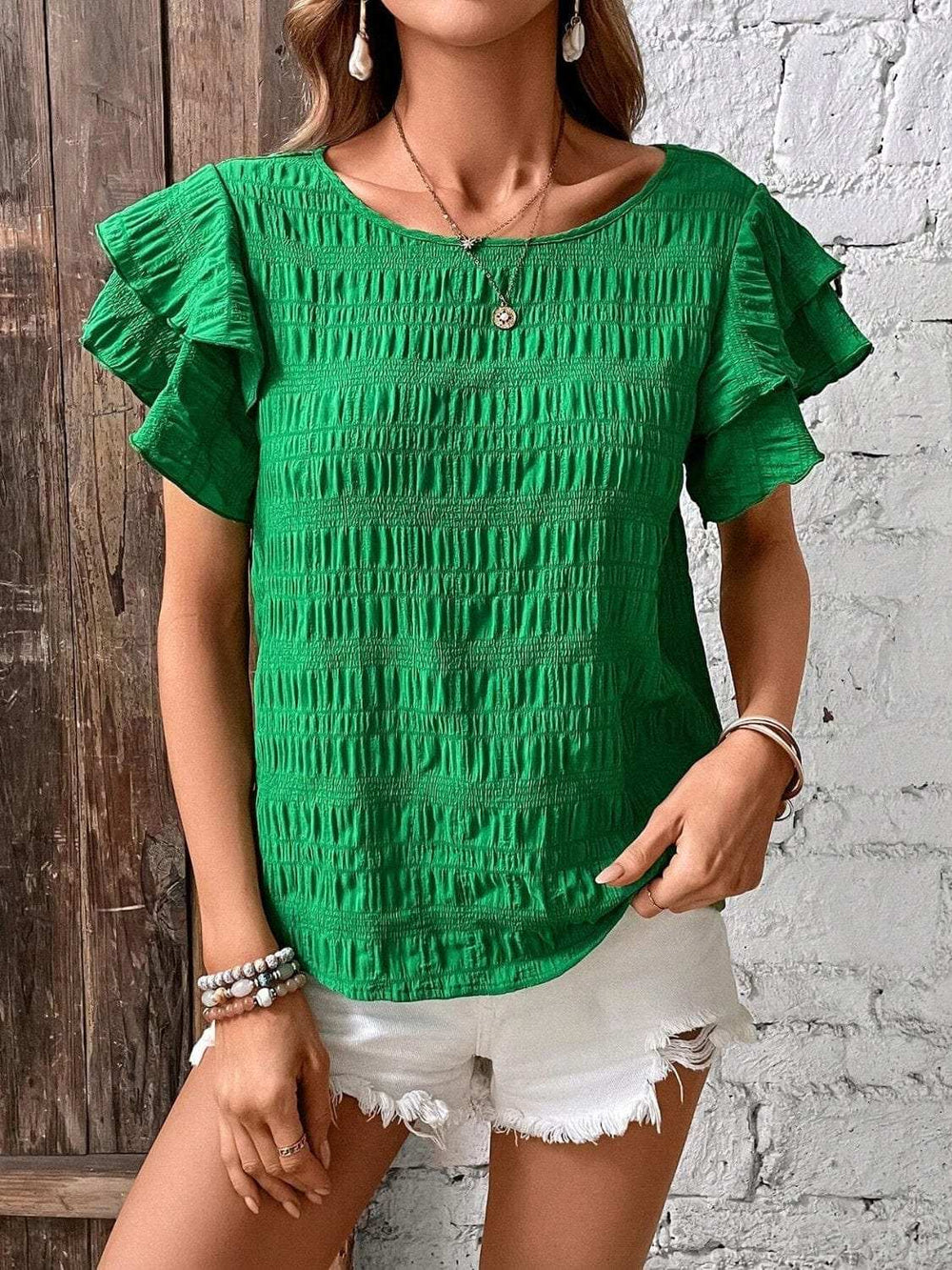 Round Neck Flounce Sleeve Blouse - Trendsi - Flyclothing LLC