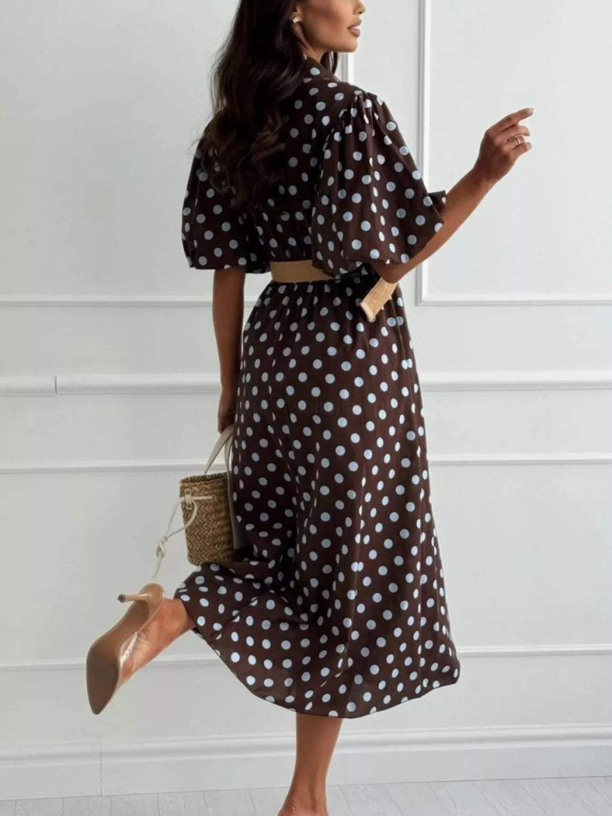Polka Dot Puff Sleeve Midi Dress - Trendsi - Flyclothing LLC