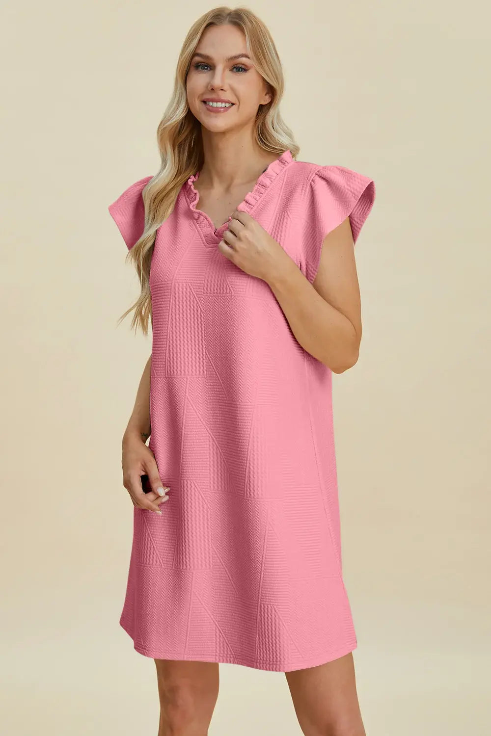 Double Take Full Size Ruffled V-Neck Cap Sleeve Dress - Trendsi - Flyclothing LLC