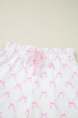 Bow Print Lettuce Trim Round Neck Top and Shorts Lounge Set - Trendsi - Flyclothing LLC