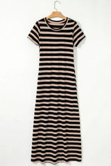 Stripe Casual Round Neck Tee Dress with Pockets - Trendsi - Flyclothing LLC