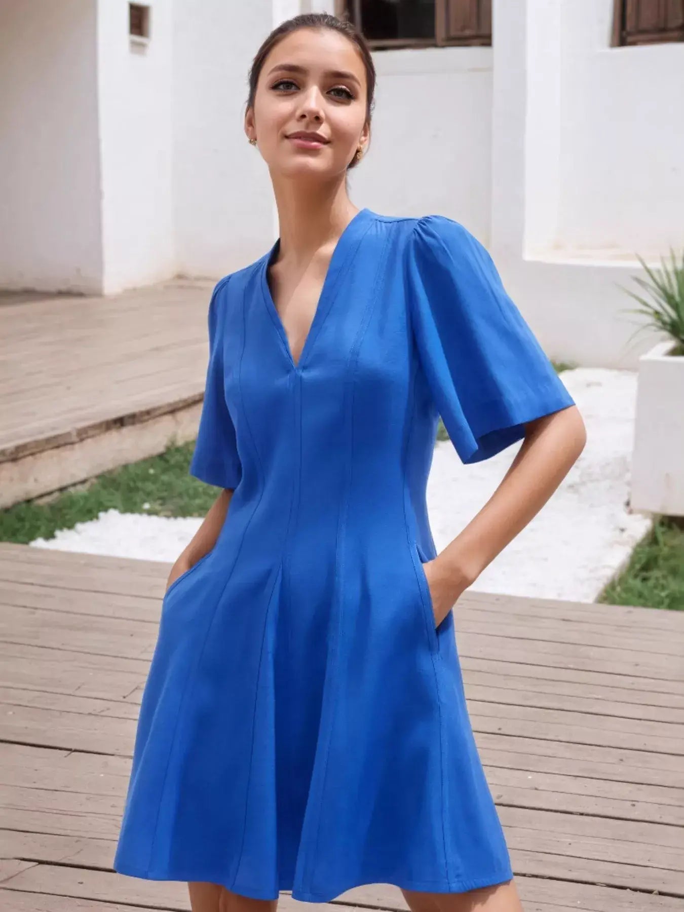 V-Neck Short Sleeve Dress with Pockets - Trendsi - Flyclothing LLC