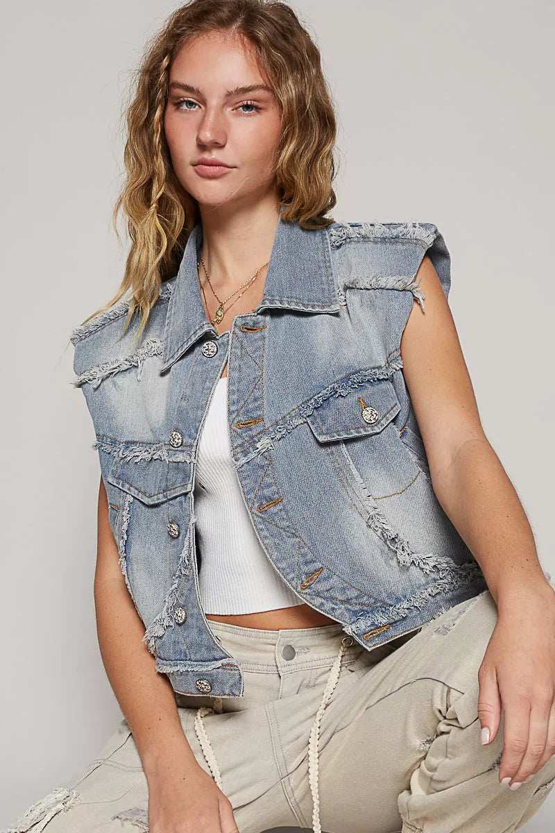 POL Assymetrical Front Closure Raw Hem Denim Vest - Trendsi - Flyclothing LLC