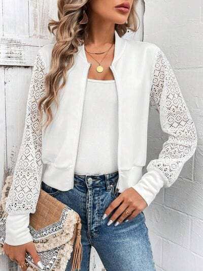 Baseball Collar Lace Patchwork Long Sleeve Jacket - Trendsi - Flyclothing LLC