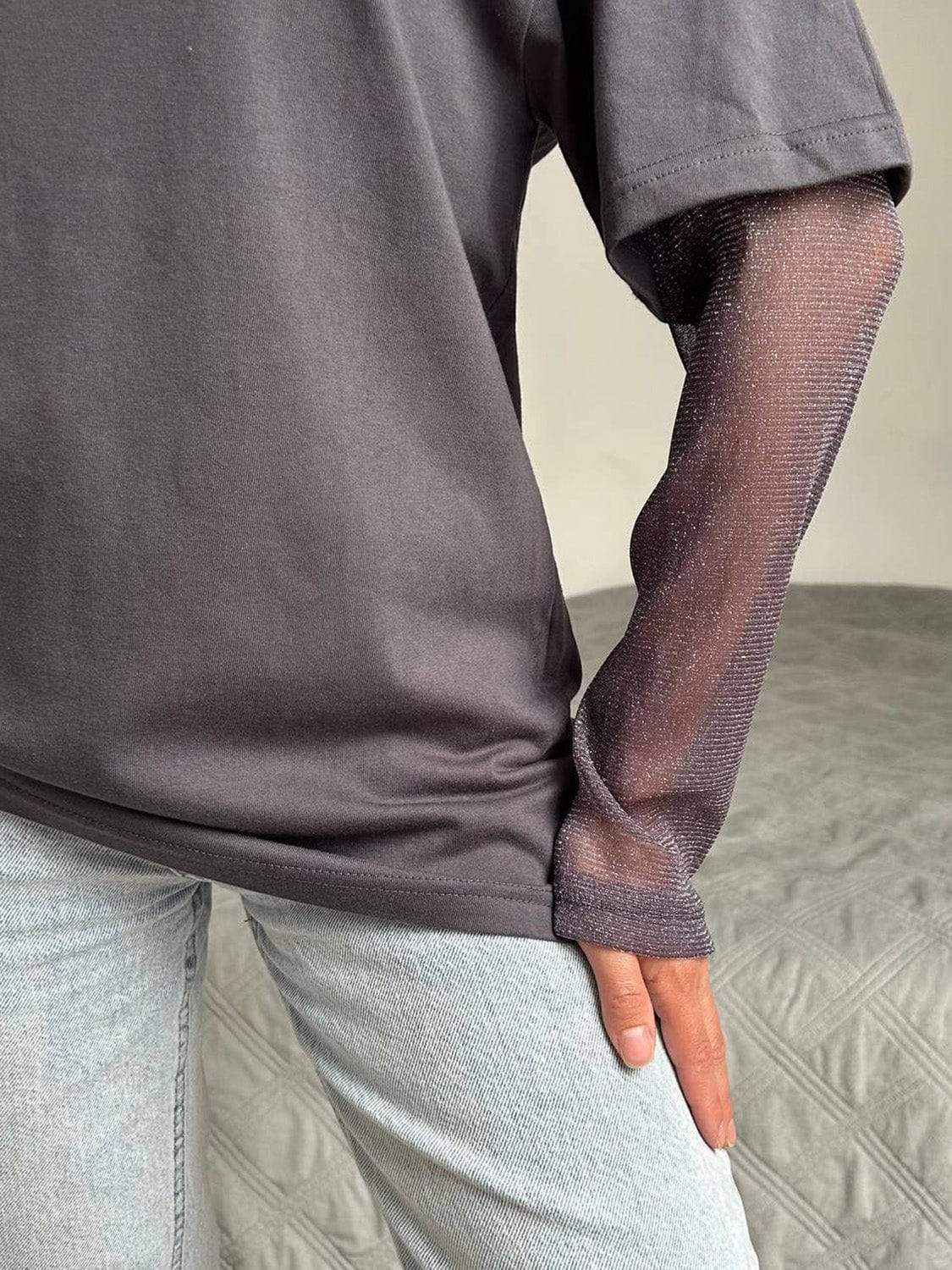 Faux Layered Round Neck Mesh Sleeve Top - Trendsi - Flyclothing LLC