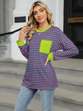 Pocketed Striped Round Neck Long Sleeve T-Shirt - Trendsi